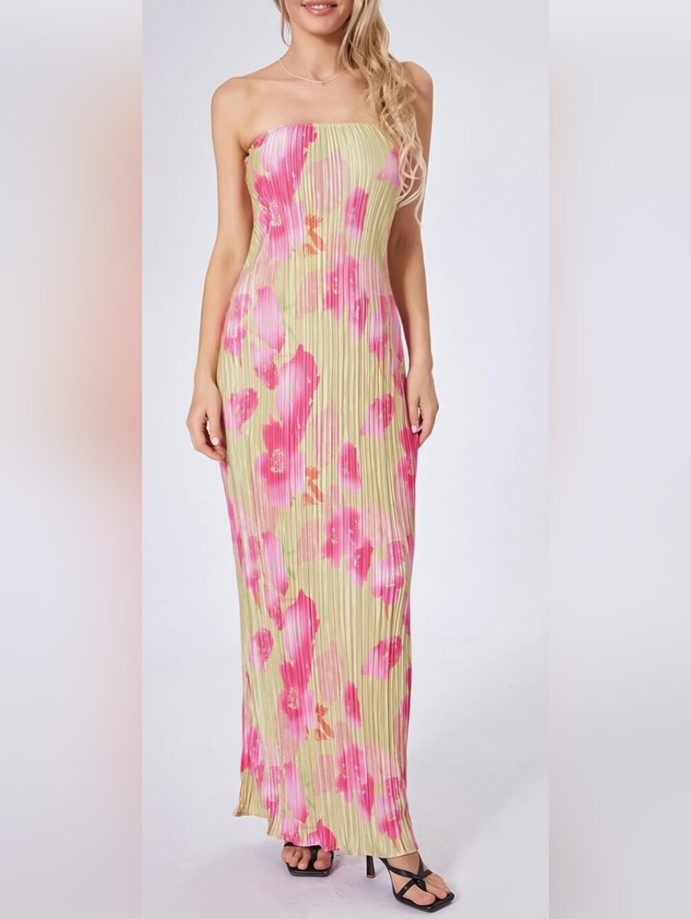 Strapless Pink Floral Pleated Maxi Dress